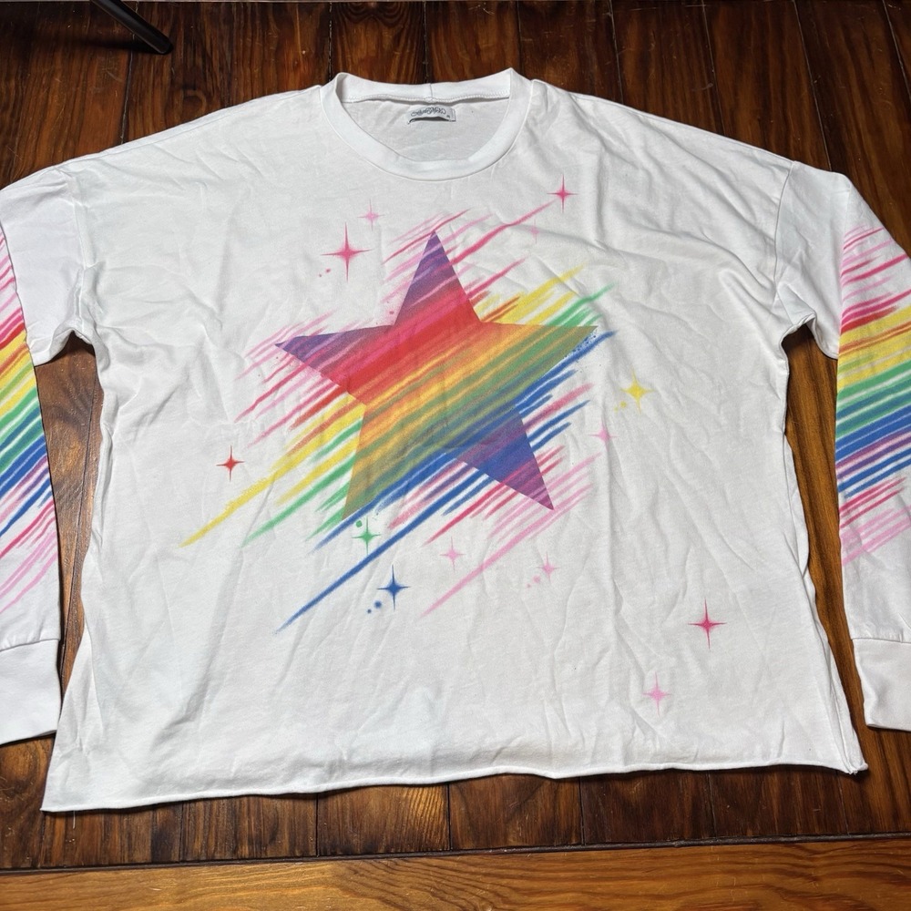 Lauren Moshi Rainbow Shooting Star Long Sleeve T-Shirt White Sz M A1326
